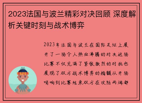 2023法国与波兰精彩对决回顾 深度解析关键时刻与战术博弈
